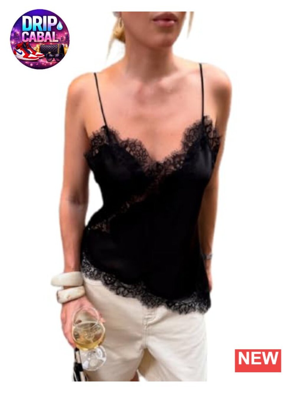 Lace Trim Satin Tank Top V Neck Silk Camisole Asymmetrical Backless Spaghetti